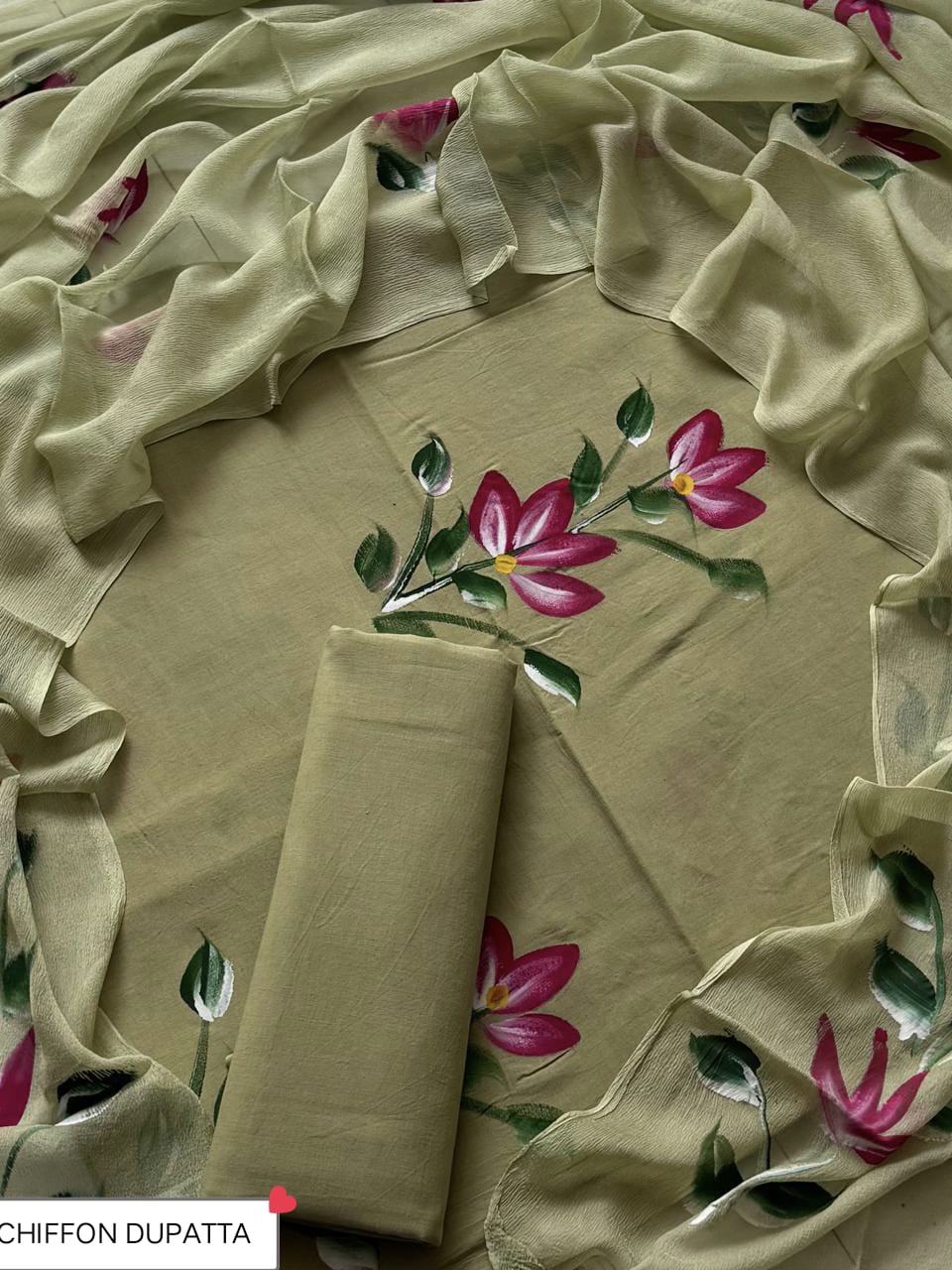 Hand Block Printed Pure Cotton Suit Sets With Chiffon Dupatta
