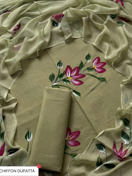 Hand Block Printed Pure Cotton Suit Sets With Chiffon Dupatta