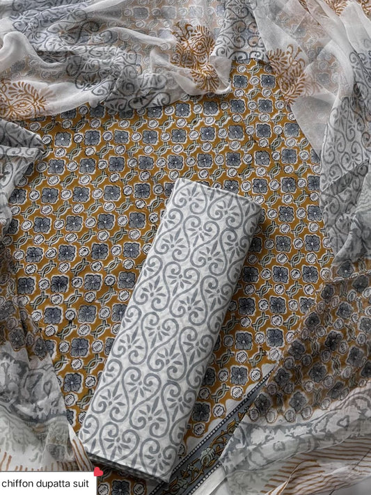 Hand Block Printed Pure Cotton Suit Sets With Chiffon Dupatta