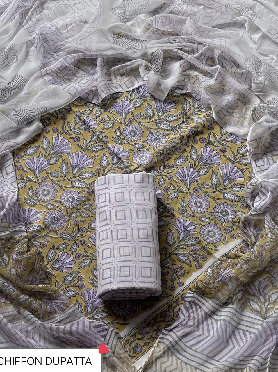 Hand Block Printed Pure Cotton Suit Sets With Chiffon Dupatta