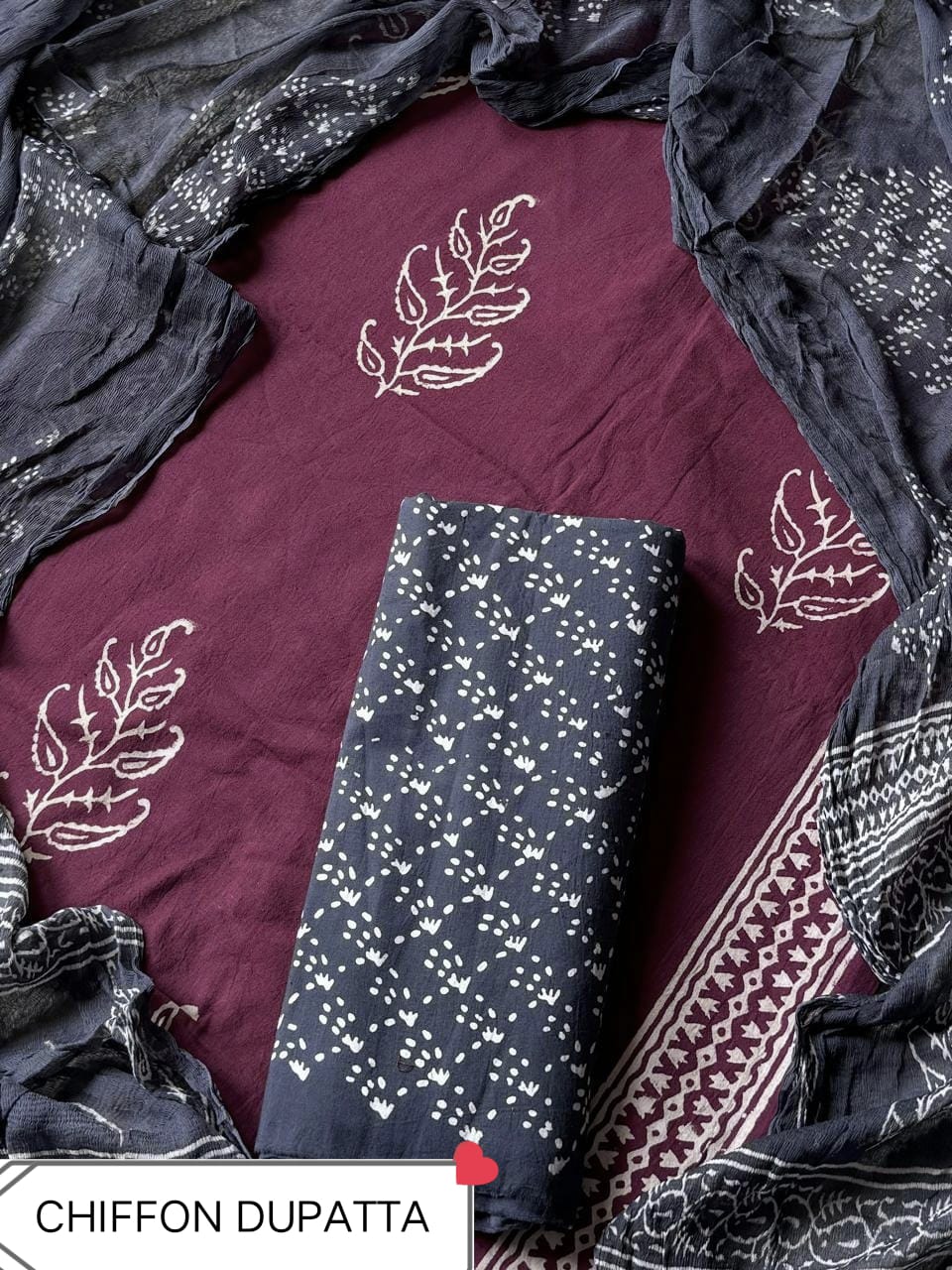 Hand Block Printed Pure Cotton Suit Sets With Chiffon Dupatta