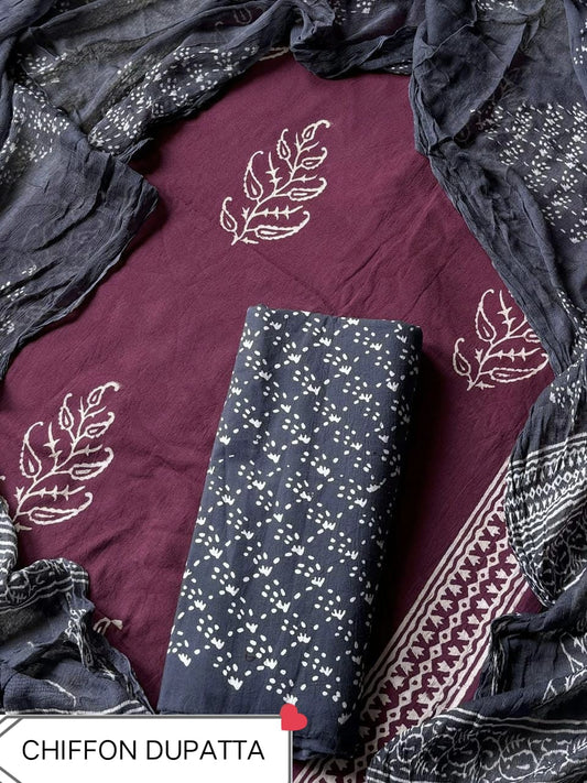 Hand Block Printed Pure Cotton Suit Sets With Chiffon Dupatta