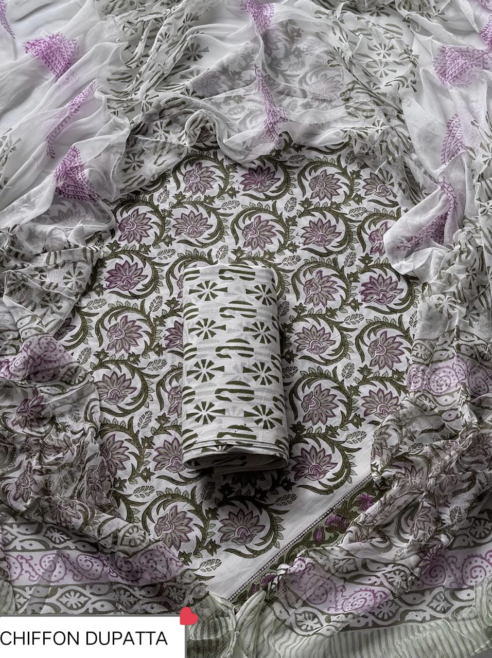 Hand Block Printed Pure Cotton Suit Sets With Chiffon Dupatta