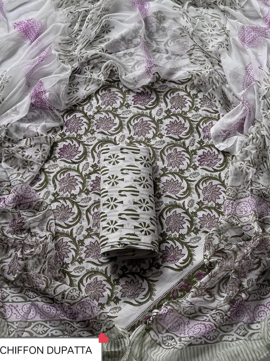 Hand Block Printed Pure Cotton Suit Sets With Chiffon Dupatta