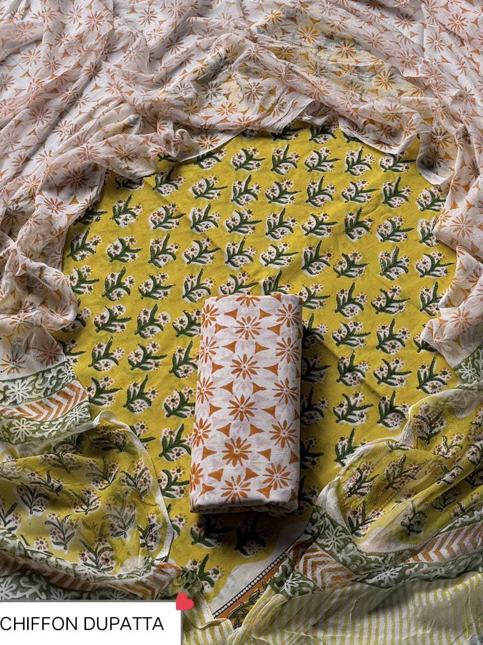 Hand Block Printed Pure Cotton Suit Sets With Chiffon Dupatta