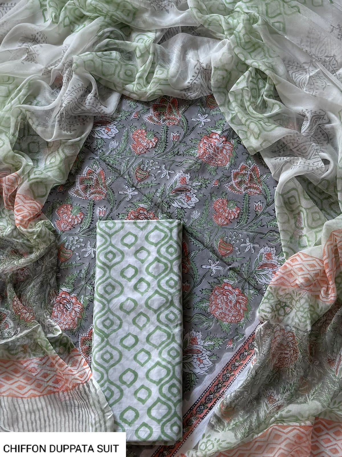 Hand Block Printed Pure Cotton Suit Sets With Chiffon Dupatta