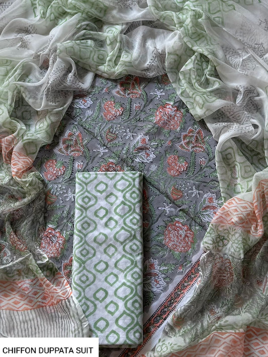 Hand Block Printed Pure Cotton Suit Sets With Chiffon Dupatta