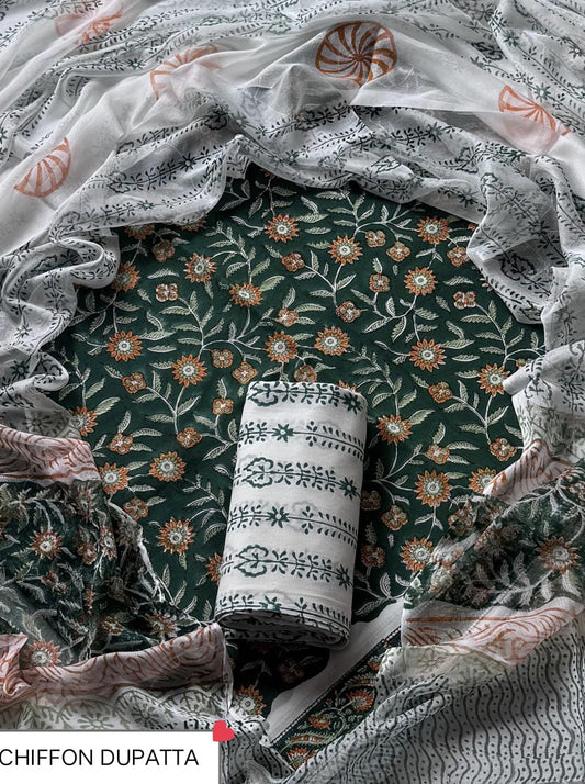 Hand Block Printed Pure Cotton Suit Sets With Chiffon Dupatta