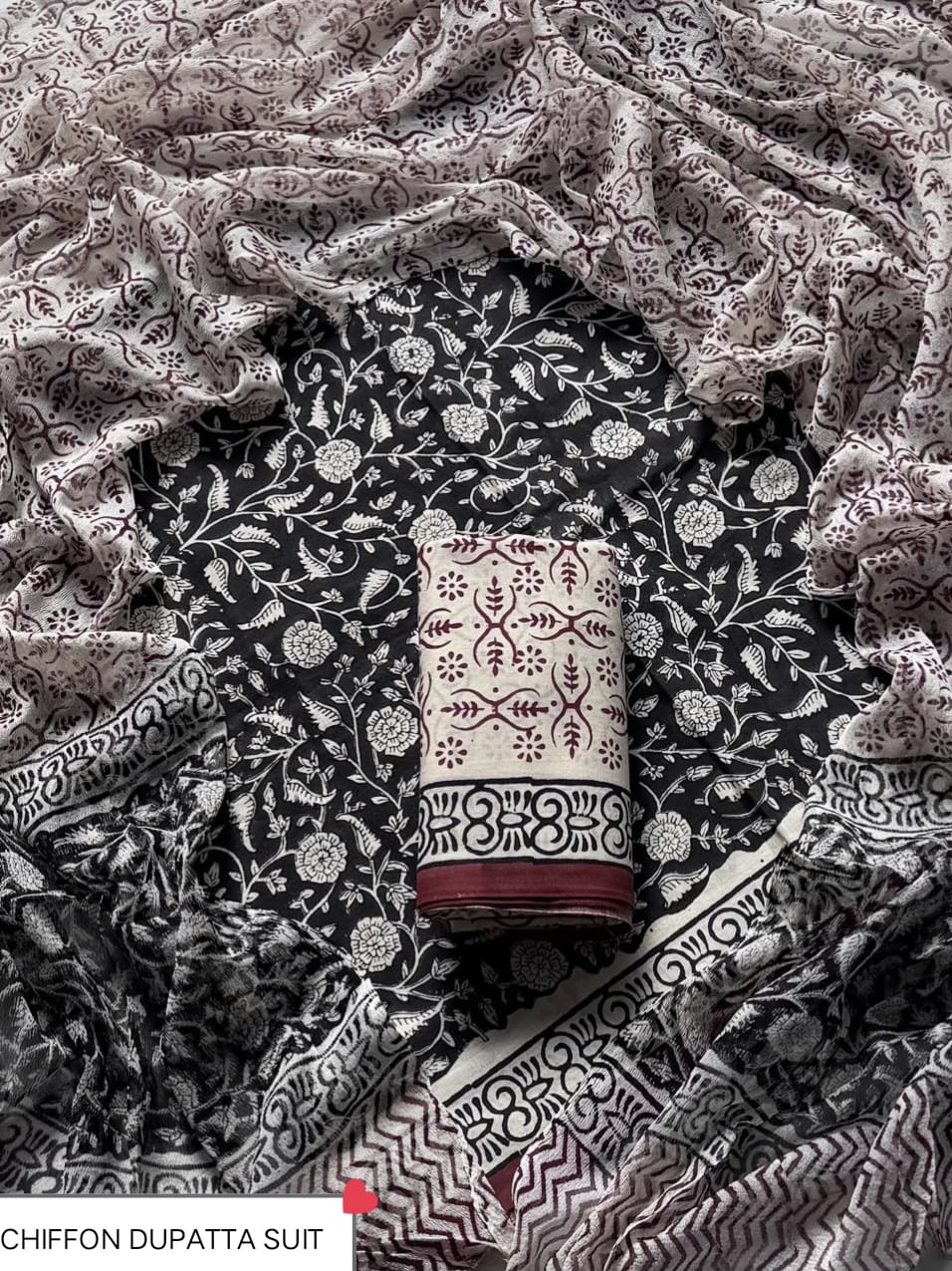 Hand Block Printed Pure Cotton Suit Sets With Chiffon Dupatta