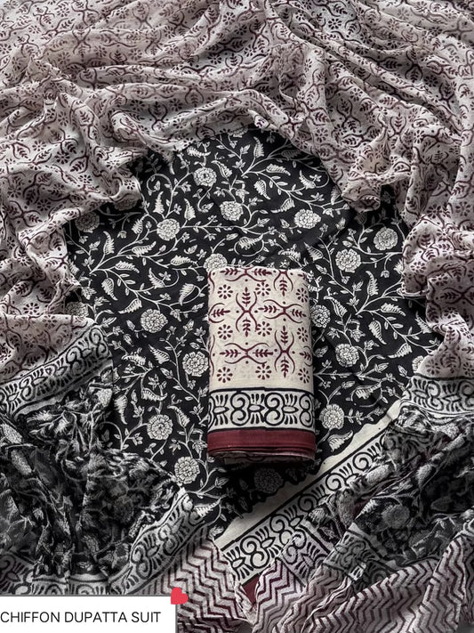 Hand Block Printed Pure Cotton Suit Sets With Chiffon Dupatta