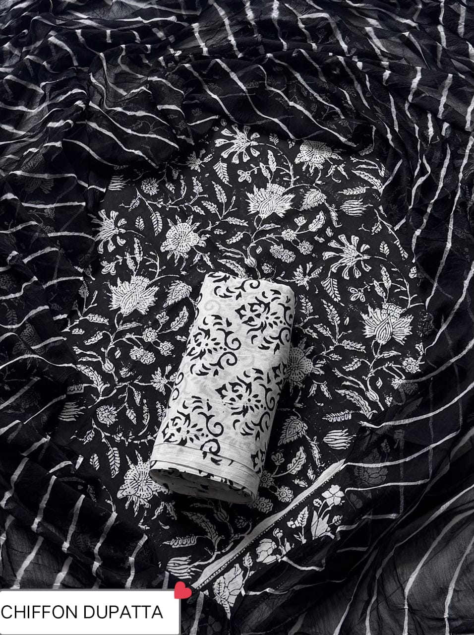 Hand Block Printed Pure Cotton Suit Sets With Chiffon Dupatta