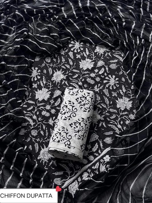 Hand Block Printed Pure Cotton Suit Sets With Chiffon Dupatta