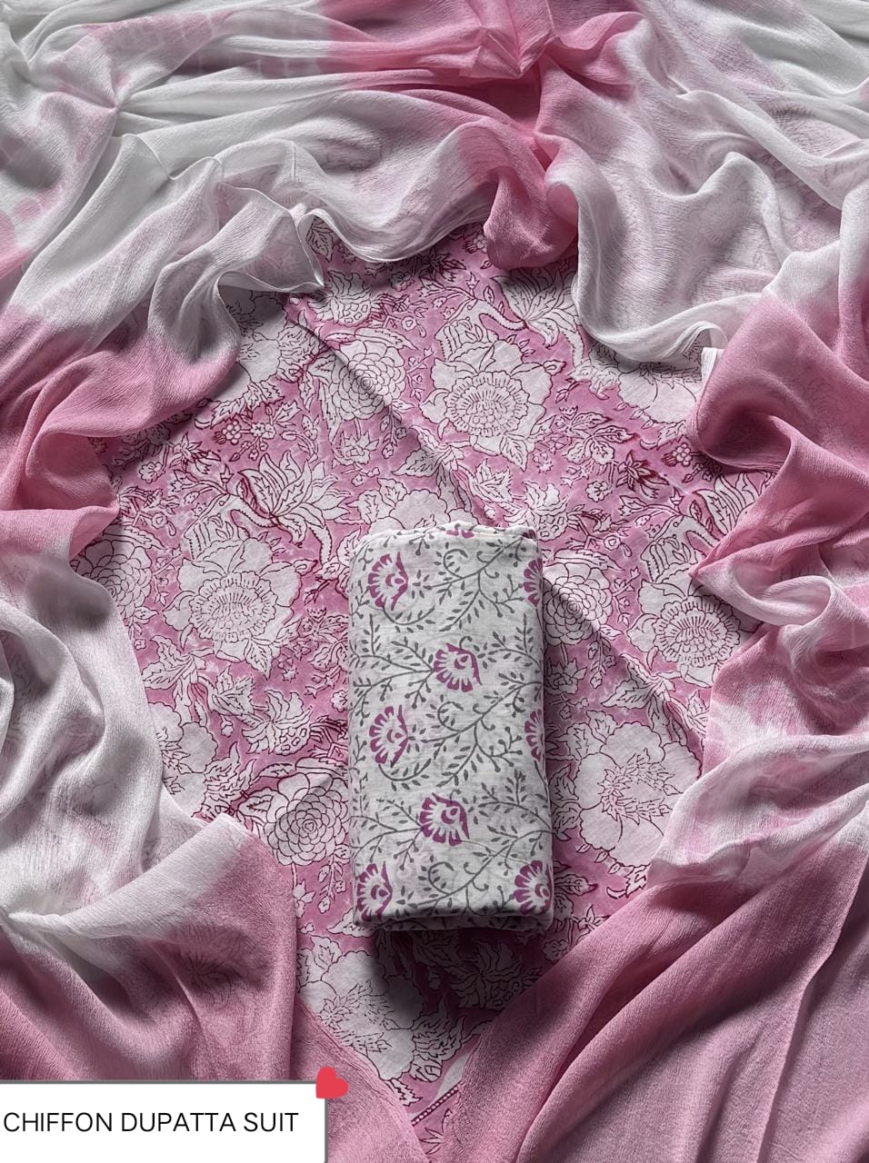 Hand Block Printed Pure Cotton Suit Sets With Chiffon Dupatta