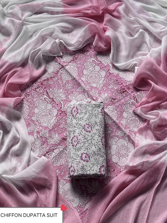 Hand Block Printed Pure Cotton Suit Sets With Chiffon Dupatta