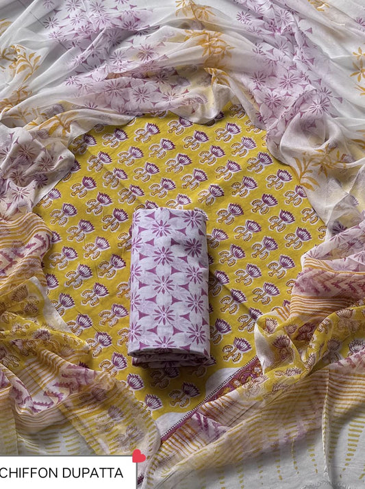 Hand Block Printed Pure Cotton Suit Sets With Chiffon Dupatta