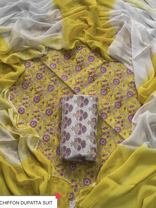 Hand Block Printed Pure Cotton Suit Sets With Chiffon Dupatta
