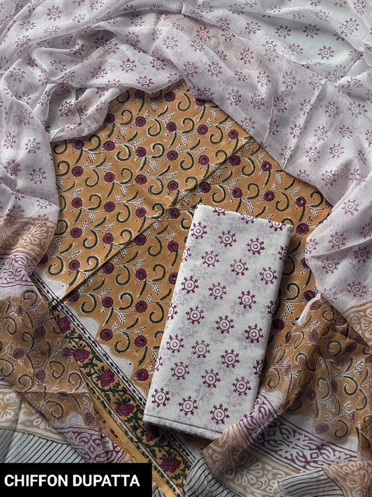 Hand Block Printed Pure Cotton Suit Sets With Chiffon Dupatta