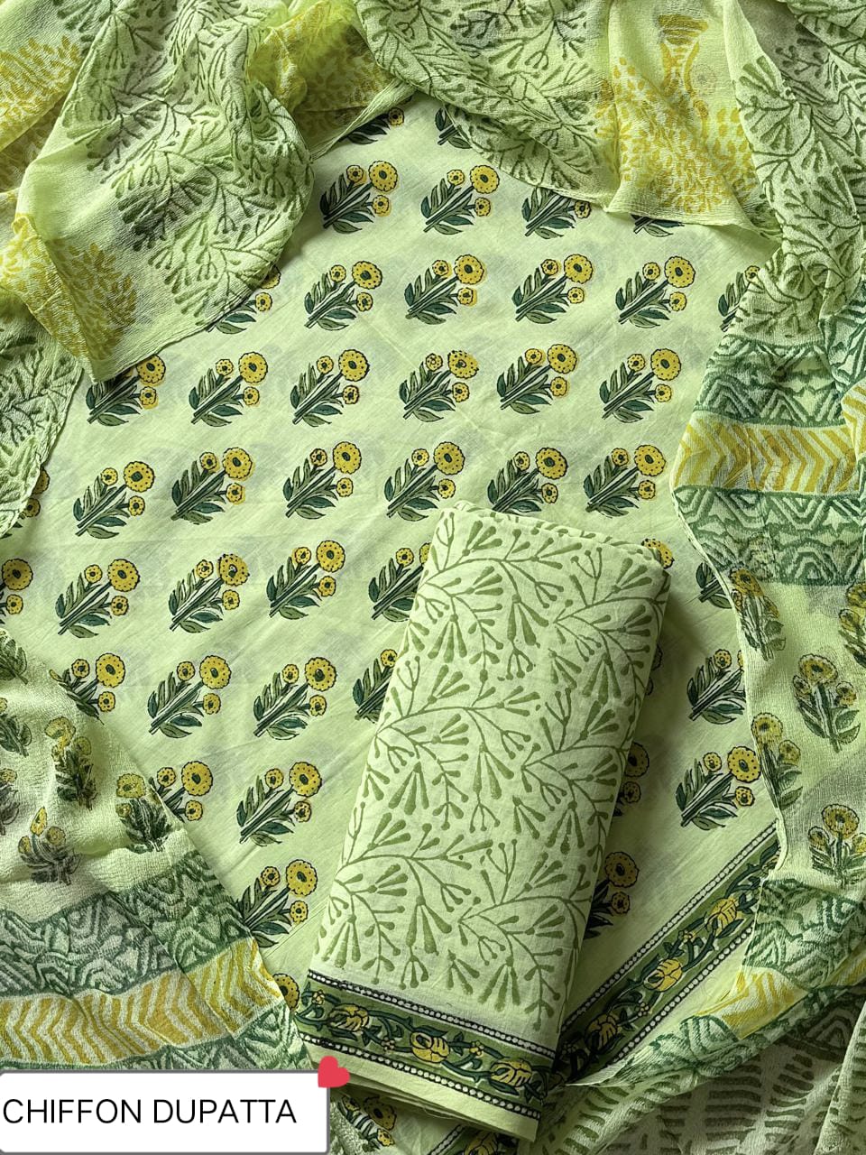 Hand Block Printed Pure Cotton Suit Sets With Chiffon Dupatta