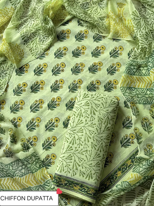 Hand Block Printed Pure Cotton Suit Sets With Chiffon Dupatta