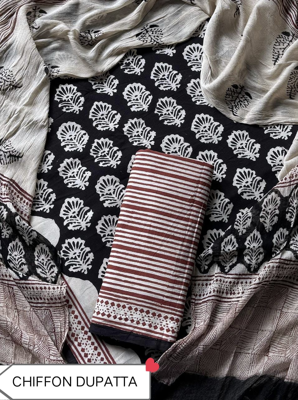 Hand Block Printed Pure Cotton Suit Sets With Chiffon Dupatta