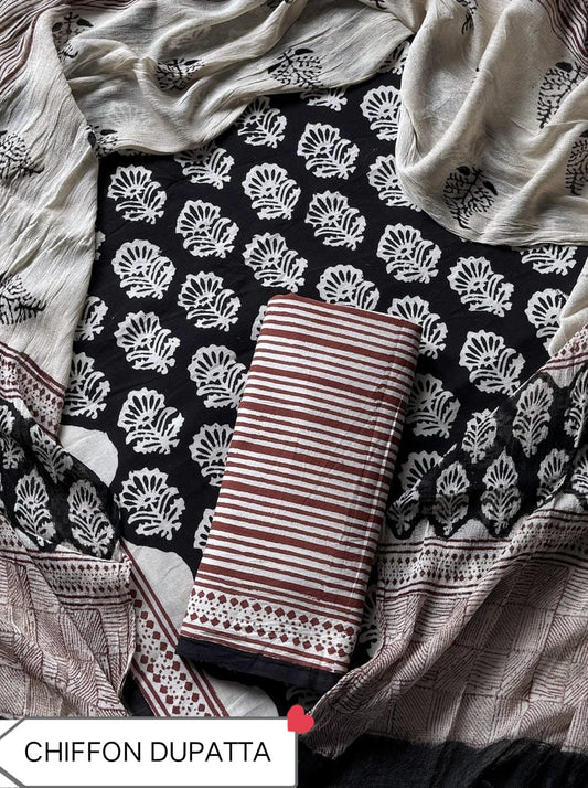 Hand Block Printed Pure Cotton Suit Sets With Chiffon Dupatta