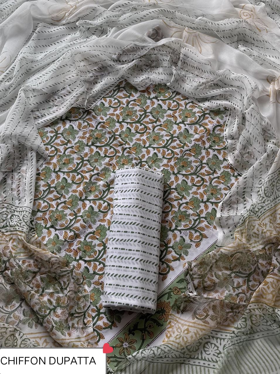 Hand Block Printed Pure Cotton Suit Sets With Chiffon Dupatta