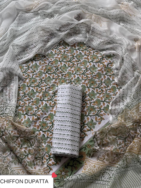 Hand Block Printed Pure Cotton Suit Sets With Chiffon Dupatta