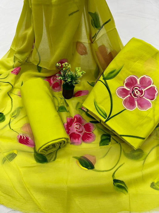 Ethnic Handcrafted Block Print Cotton Suit Set with Chiffon Dupatta