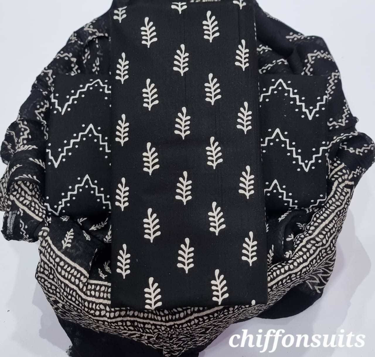 Ethnic Handcrafted Block Print Cotton Suit Set with Chiffon Dupatta