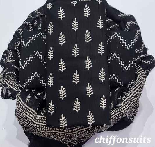 Ethnic Handcrafted Block Print Cotton Suit Set with Chiffon Dupatta
