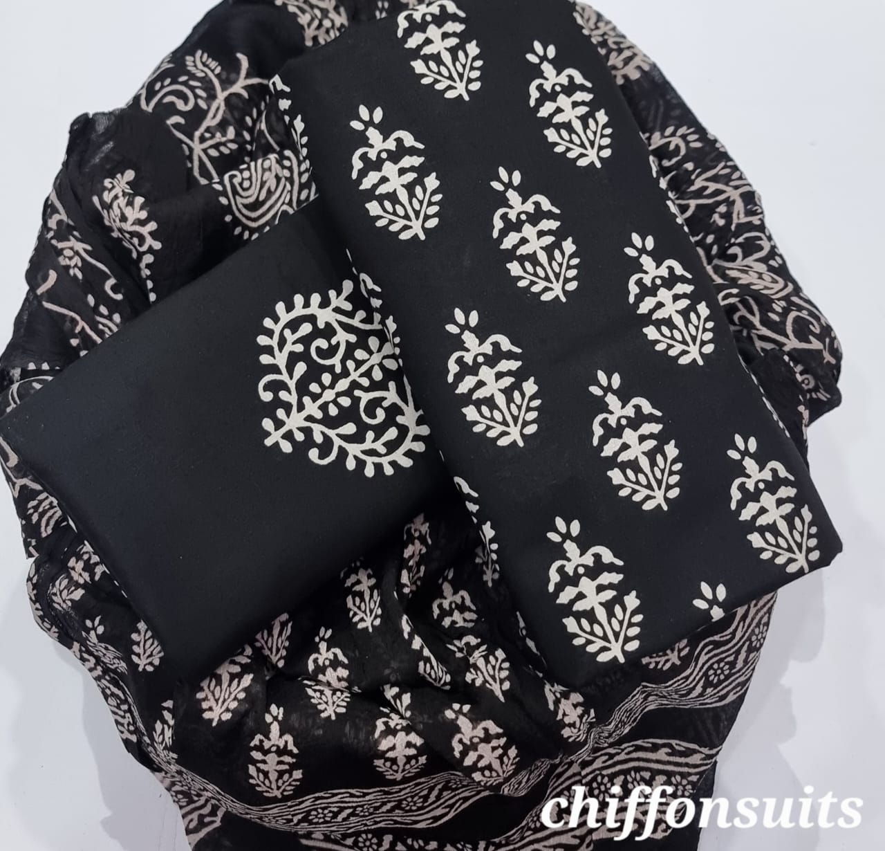 Ethnic Handcrafted Block Print Cotton Suit Set with Chiffon Dupatta