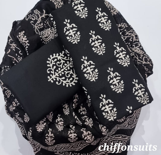 Ethnic Handcrafted Block Print Cotton Suit Set with Chiffon Dupatta