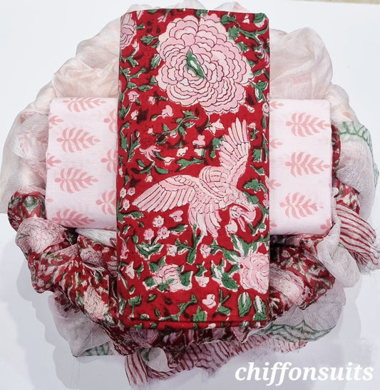 Ethnic Handcrafted Block Print Cotton Suit Set with Chiffon Dupatta