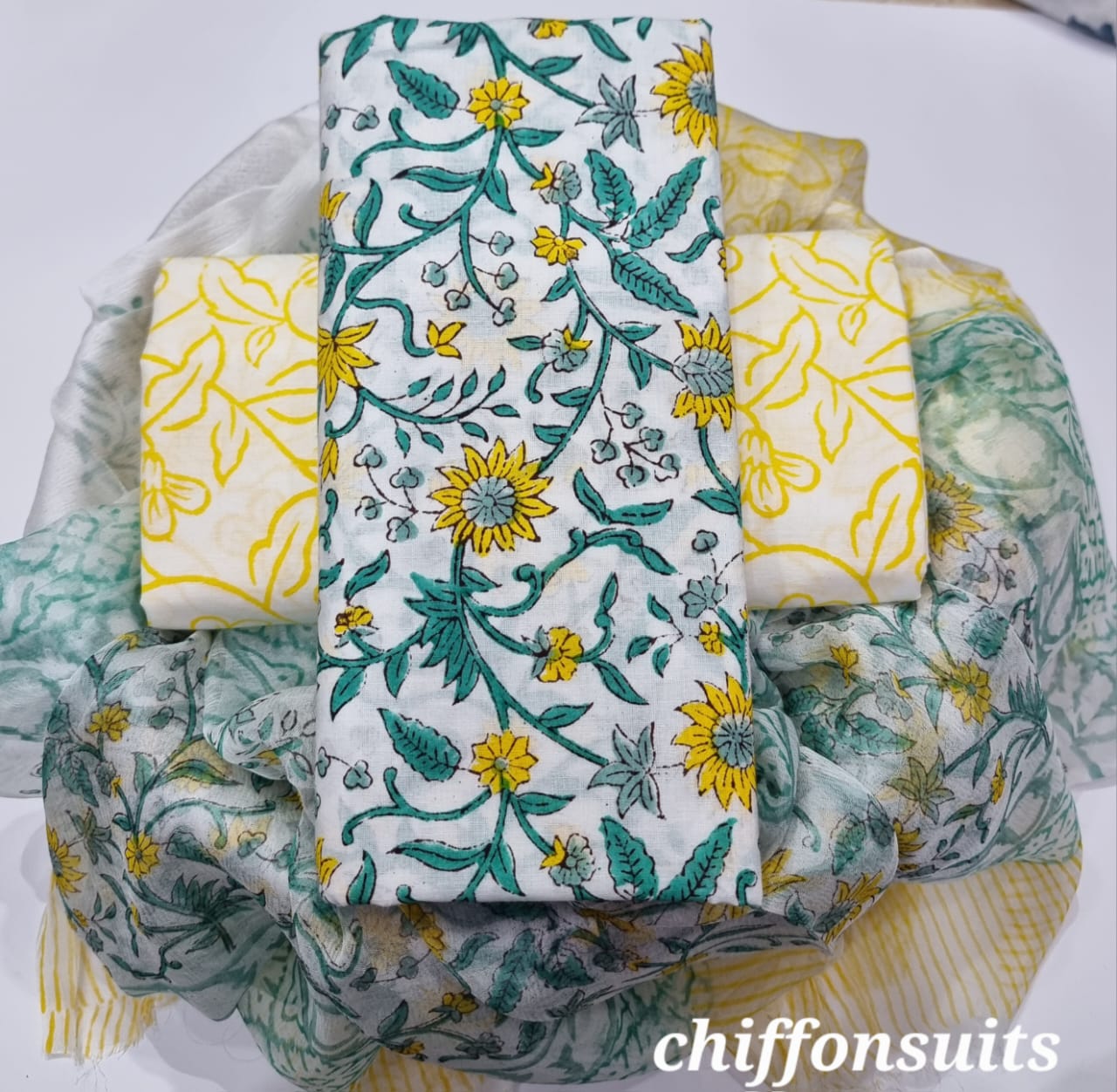 Ethnic Handcrafted Block Print Cotton Suit Set with Chiffon Dupatta