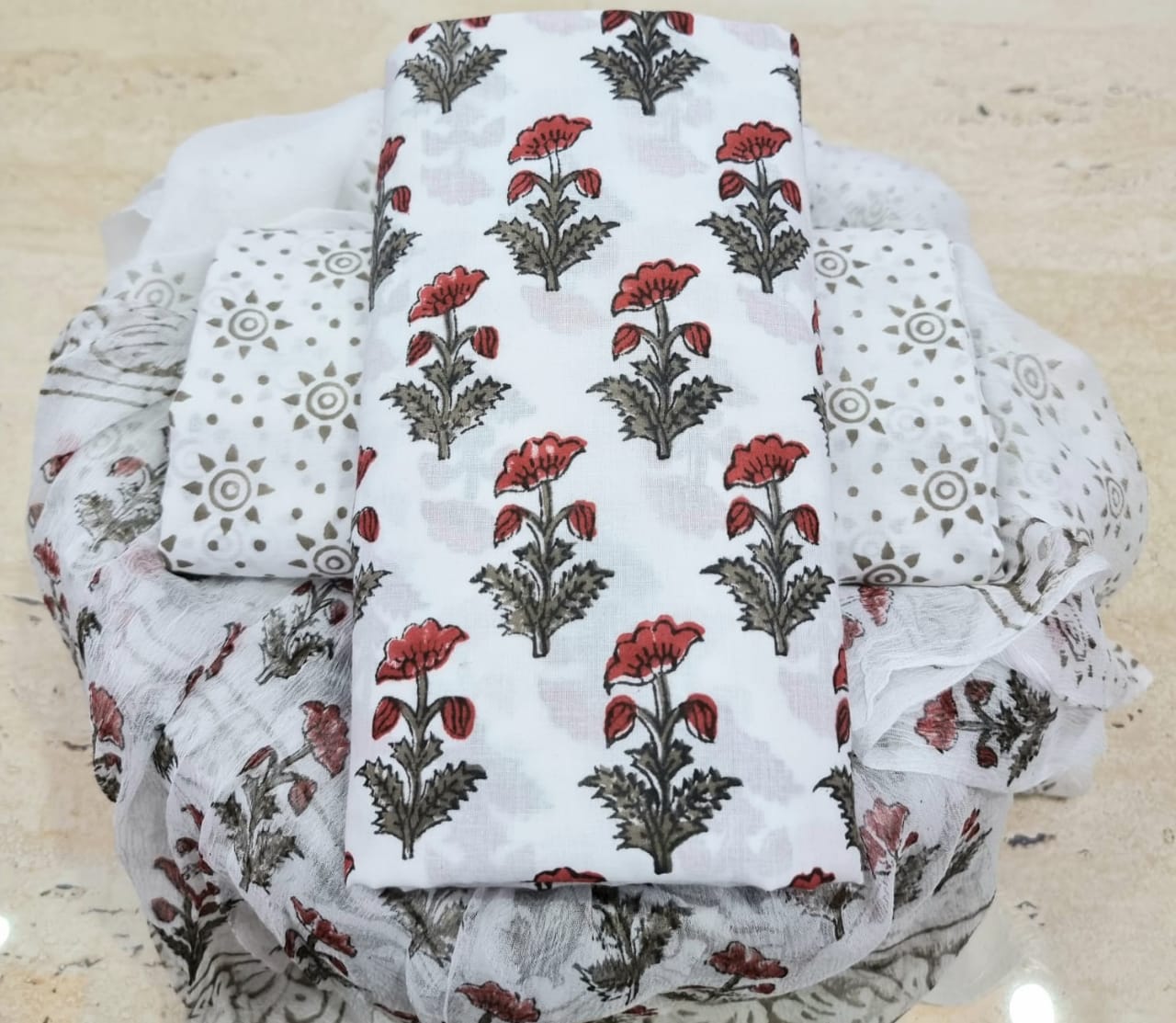Ethnic Handcrafted Block Print Cotton Suit Set with Chiffon Dupatta