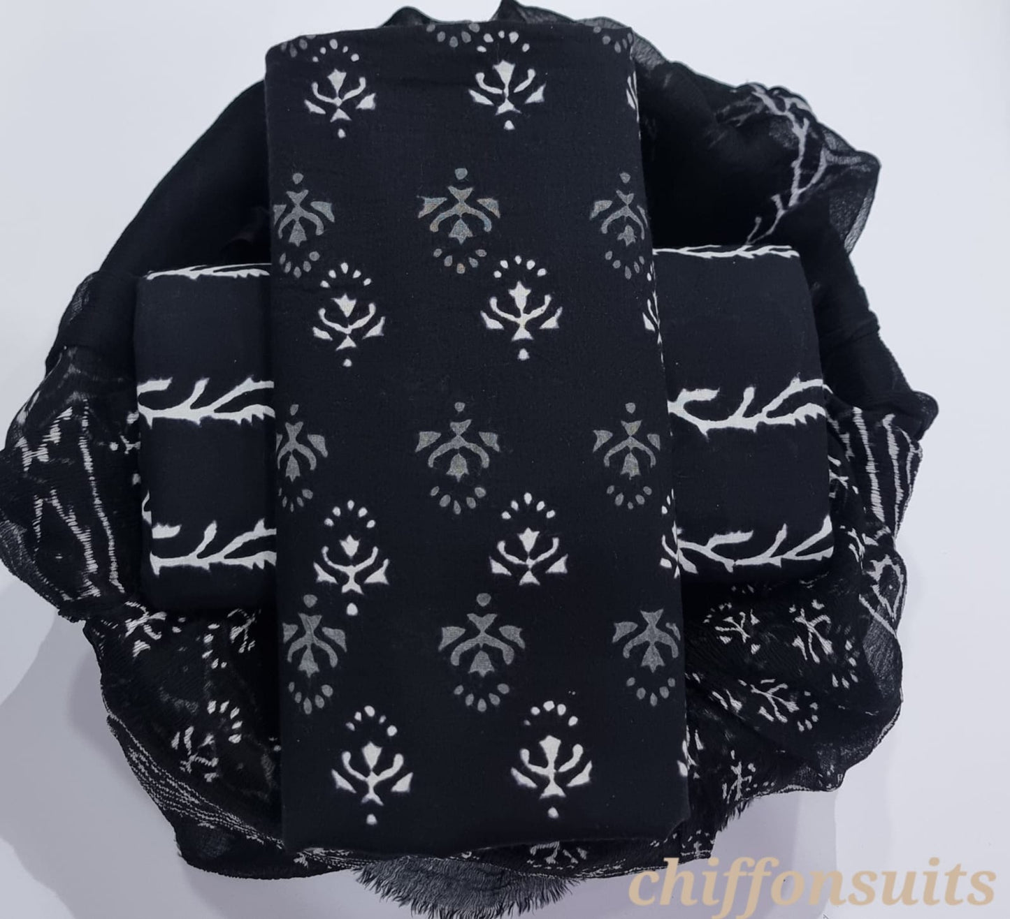 Ethnic Handcrafted Block Print Cotton Suit Set with Chiffon Dupatta