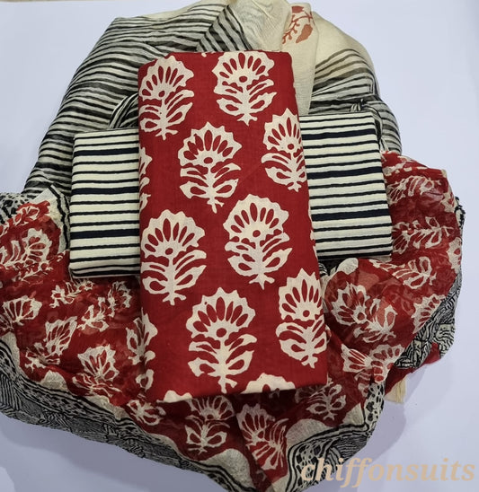 Ethnic Handcrafted Block Print Cotton Suit Set with Chiffon Dupatta