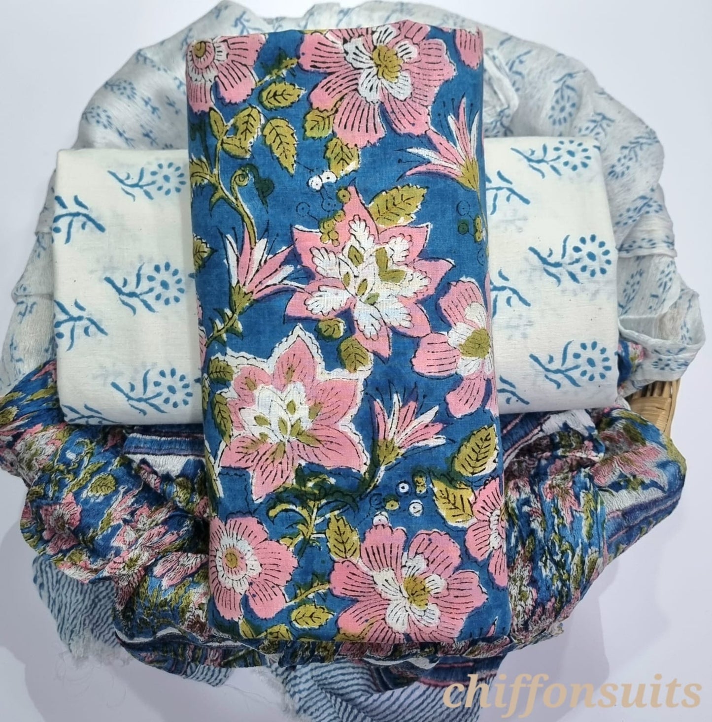 Ethnic Handcrafted Block Print Cotton Suit Set with Chiffon Dupatta
