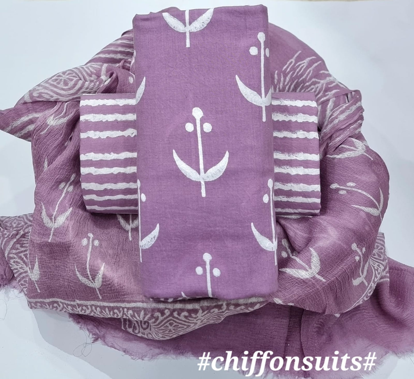 Ethnic Handcrafted Block Print Cotton Suit Set with Chiffon Dupatta
