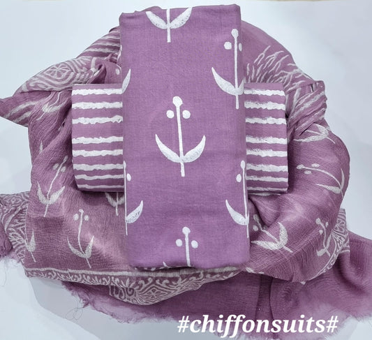 Ethnic Handcrafted Block Print Cotton Suit Set with Chiffon Dupatta