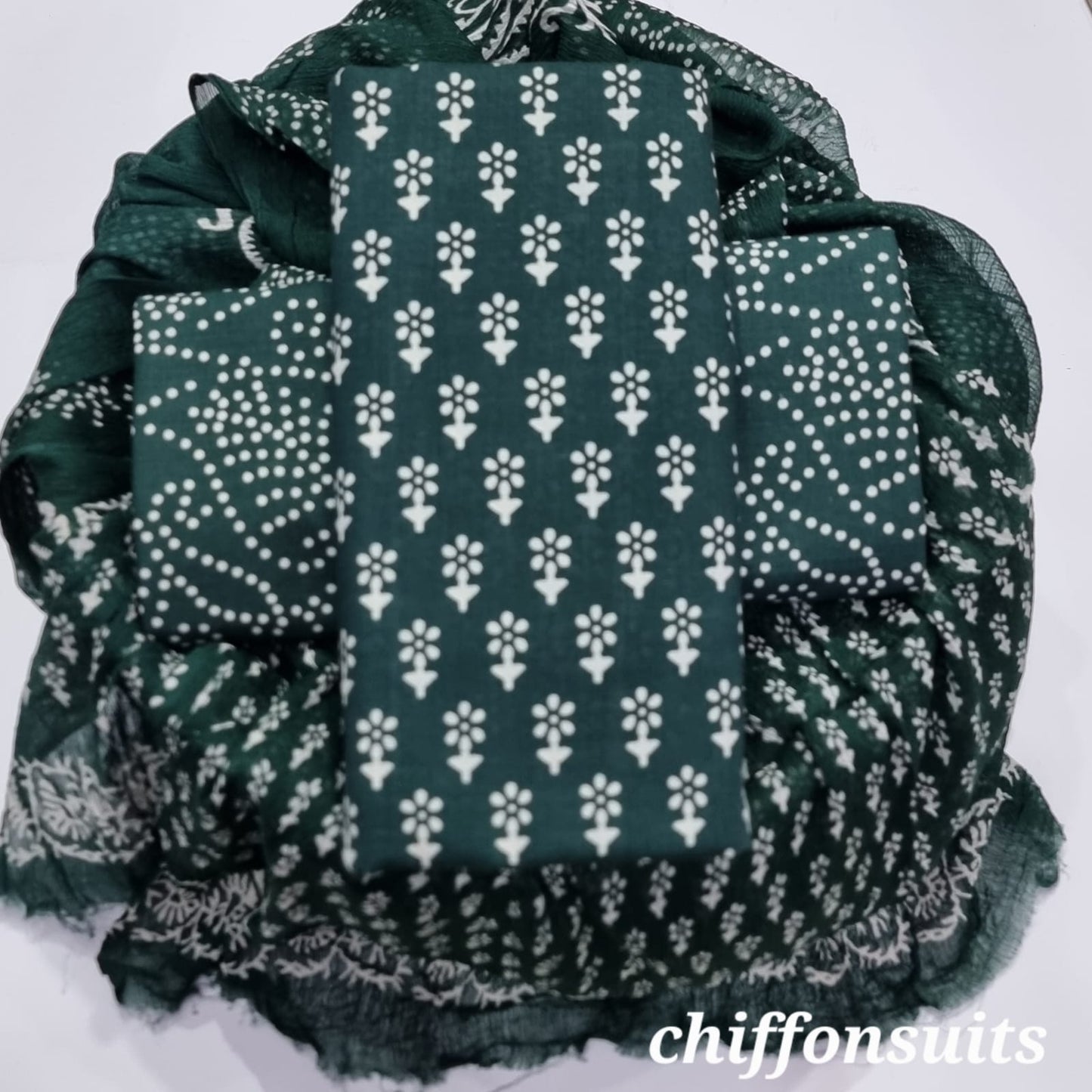 Ethnic Handcrafted Block Print Cotton Suit Set with Chiffon Dupatta