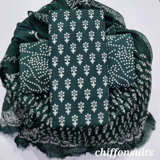 Ethnic Handcrafted Block Print Cotton Suit Set with Chiffon Dupatta