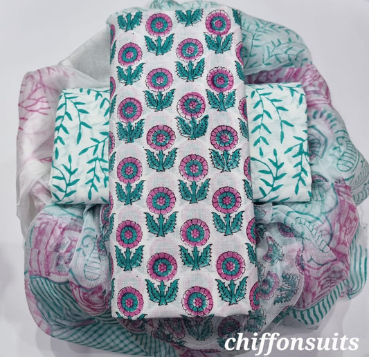 Ethnic Handcrafted Block Print Cotton Suit Set with Chiffon Dupatta