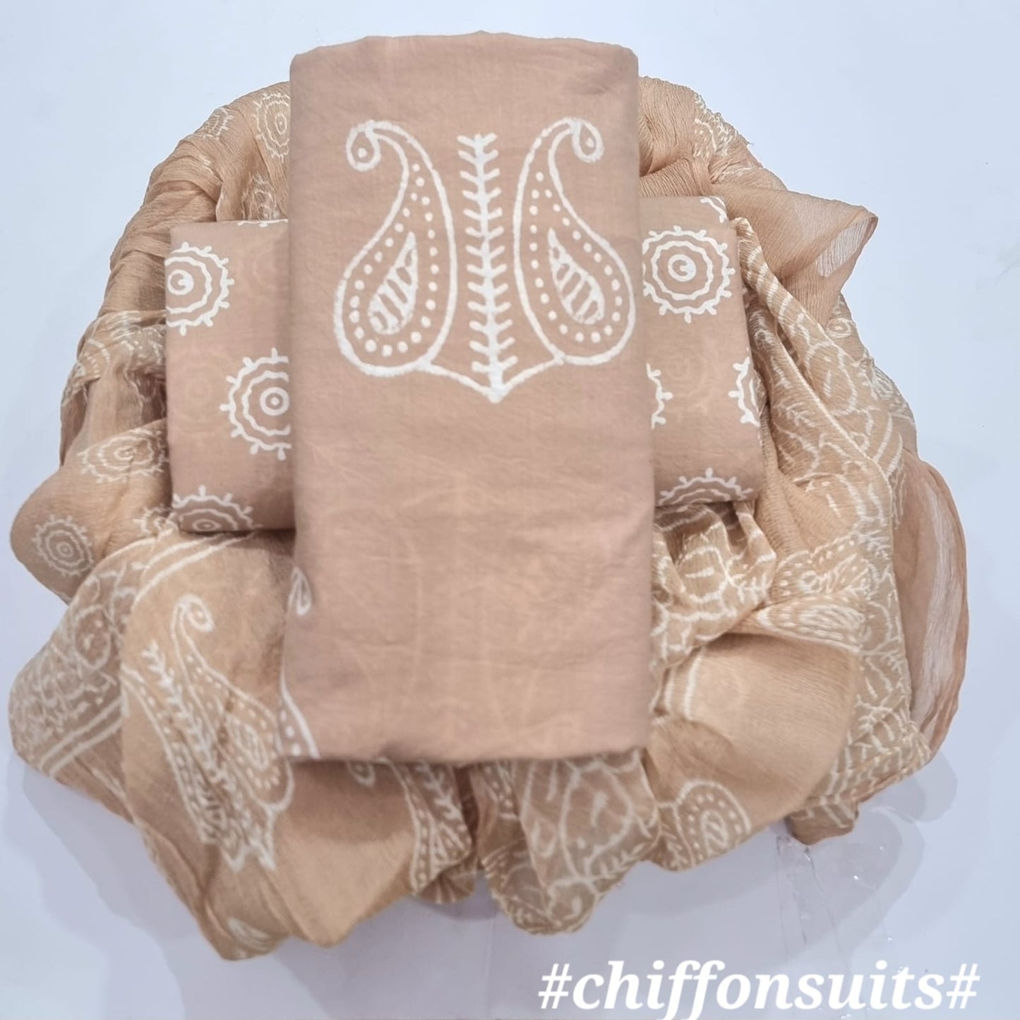 Ethnic Handcrafted Block Print Cotton Suit Set with Chiffon Dupatta