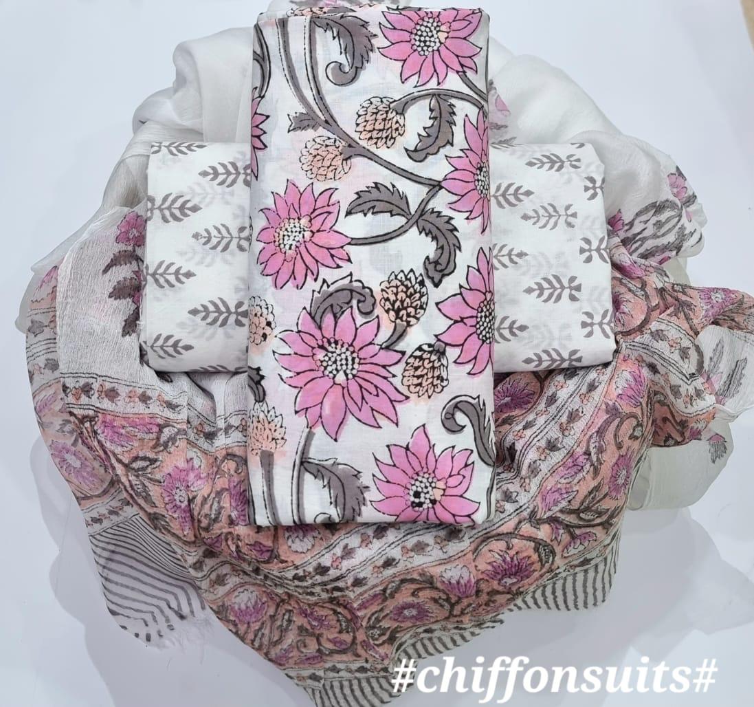 Ethnic Handcrafted Block Print Cotton Suit Set with Chiffon Dupatta