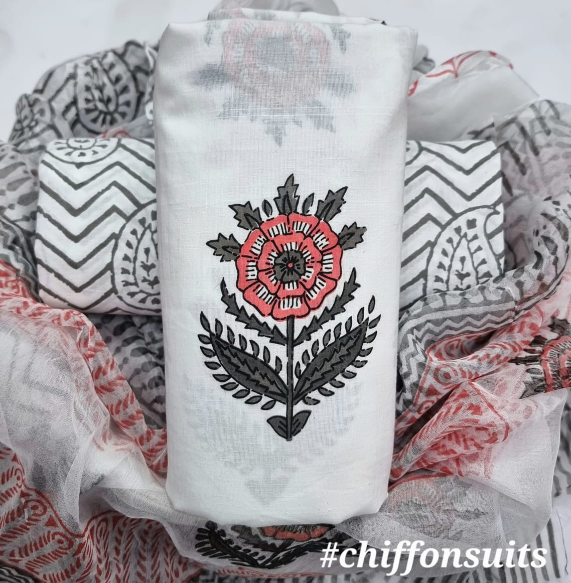 Ethnic Handcrafted Block Print Cotton Suit Set with Chiffon Dupatta