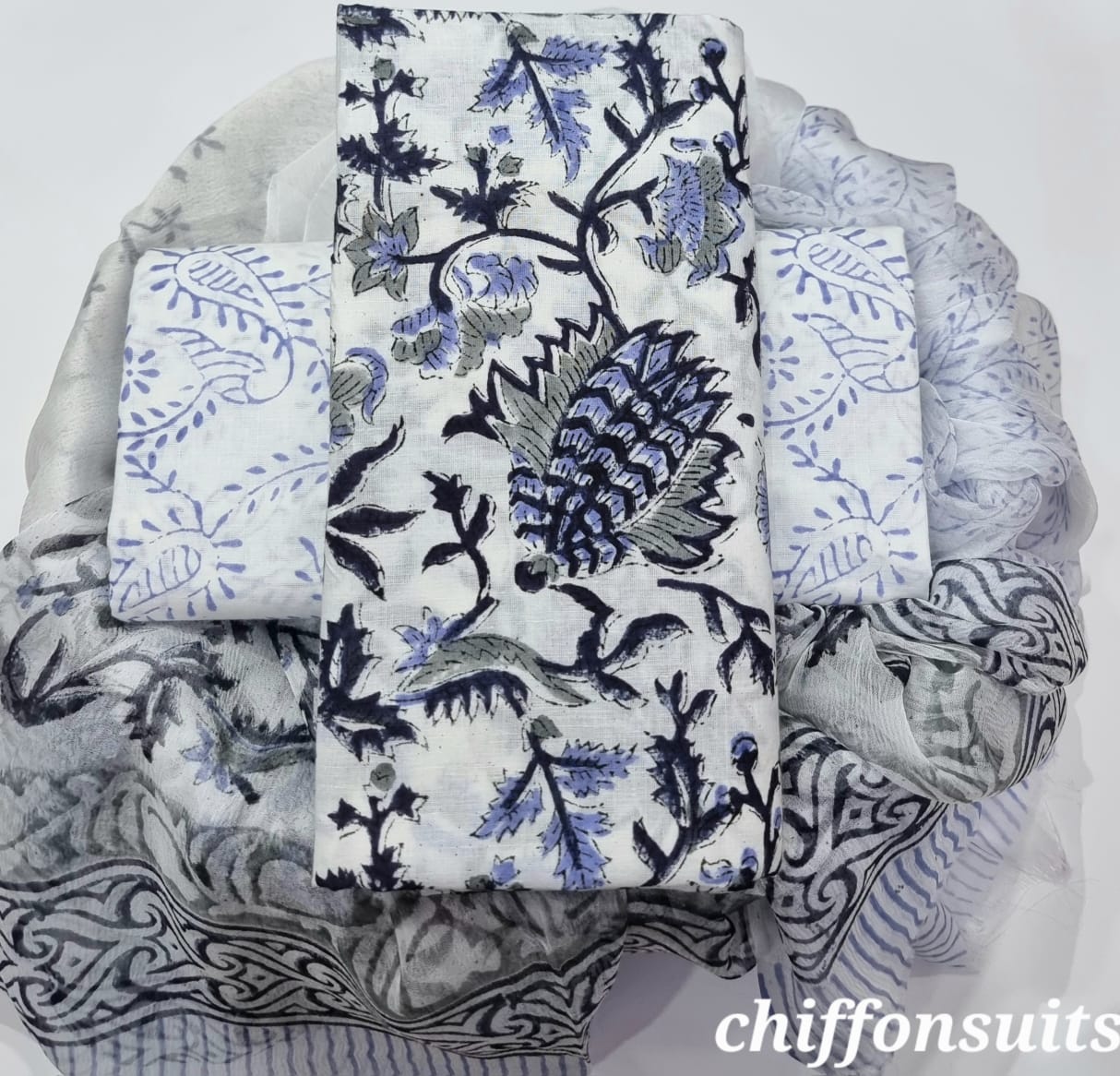 Ethnic Handcrafted Block Print Cotton Suit Set with Chiffon Dupatta