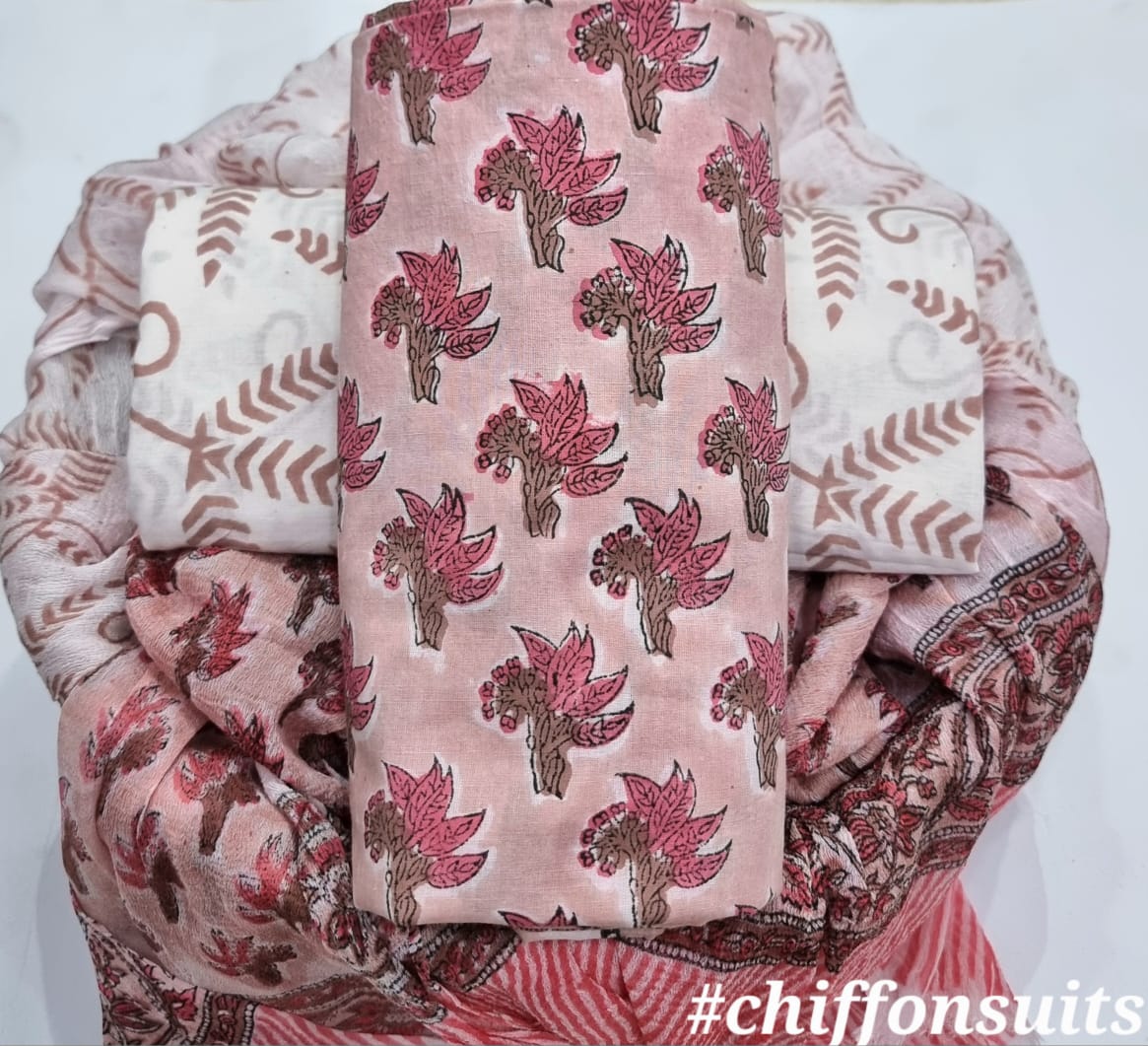 Ethnic Handcrafted Block Print Cotton Suit Set with Chiffon Dupatta