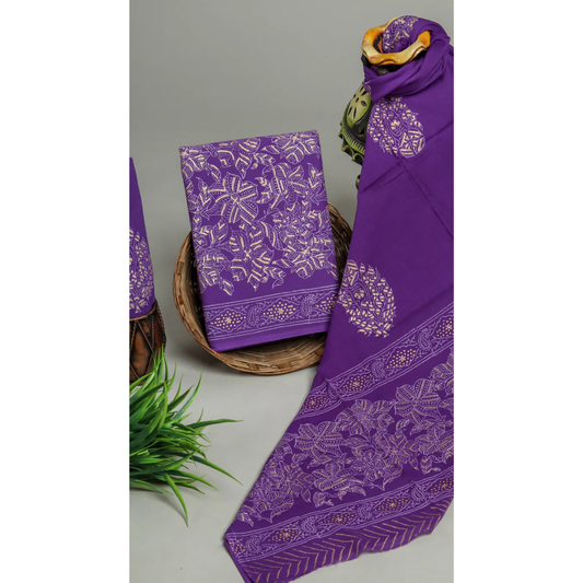 Purple Fabric Print Cotton Suit With Chiffon Dupatta