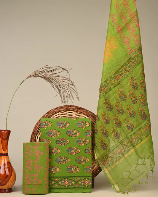 Green and Goldne Cotton Suit With Kota Doriya Dupatta